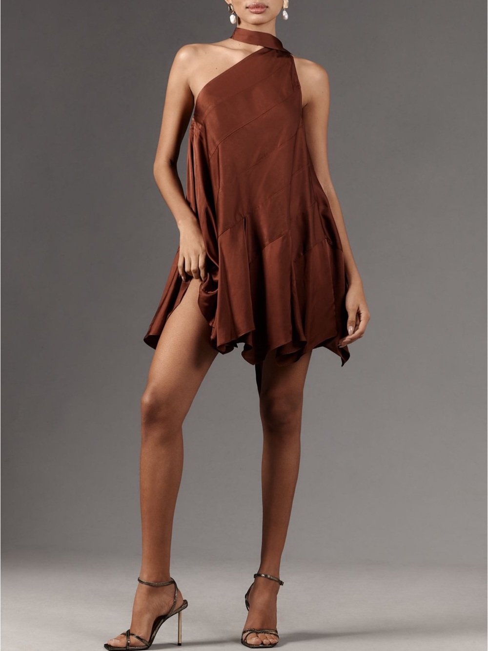 Anthropologie One-Shoulder Chocolate Brown Mini Dress - Picture 3 of 6